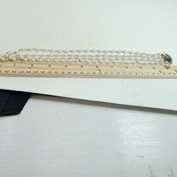 Vintage Two Strand Faux Pearl Necklace, White with Silver Tone Clasp, Classic - Picture 4 of 5